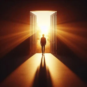 Person walking toward bright future light hope opportunity technology future