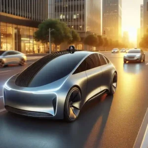 Self driving autonomous electric vehicle on city street future transportation