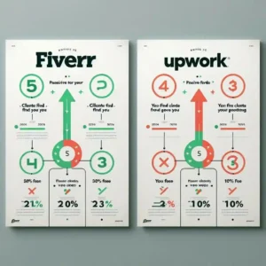 Fiverr vs Upwork comparison infographic showing differences in effort time and fees