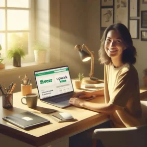 Successful freelancer using both Fiverr and Upwork platforms from home office