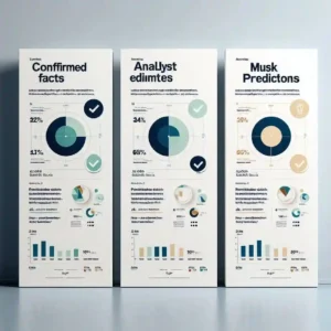 Infographic separating confirmed facts analyst estimates and Elon Musk predictions for Optimus robot