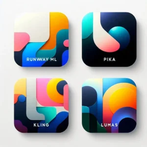  Four AI video generator app icons Runway Pika Kling Luma