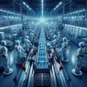  Multiple Tesla Optimus robots working on battery cell line in factory