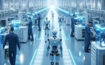 Tesla Optimus humanoid robot walking in factory alongside workers 2026