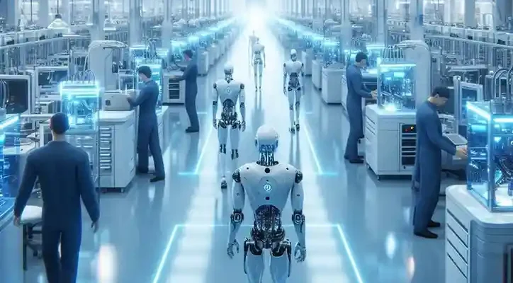 Tesla Optimus humanoid robot walking in factory alongside workers 2026