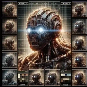 Multiple failed AI generated robot images with one successful shot