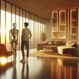 Person standing with humanoid robot in modern living room future home