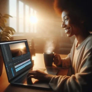  Happy filmmaker watching completed AI generated short film on laptop